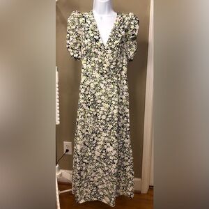 Topshop Floral V-Neck Puff Sleeve Maxi Dress in Cream, Black and Green